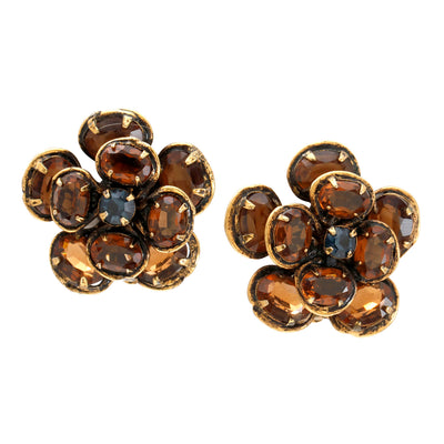 Chanel Vintage Amber Crystal Camellia Earrings with Gold Hardware