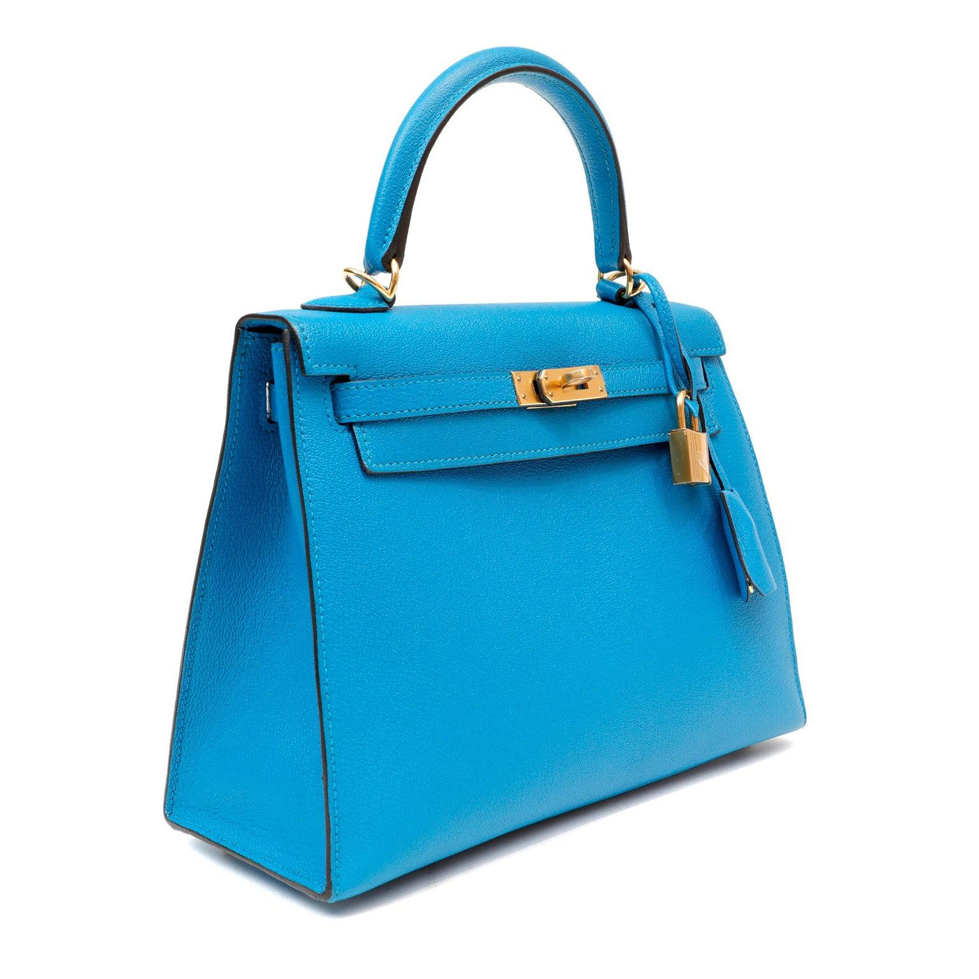 Hermès 25cm Turquoise Blue Chevre Kelly with Gold Hardware - Only Authentics