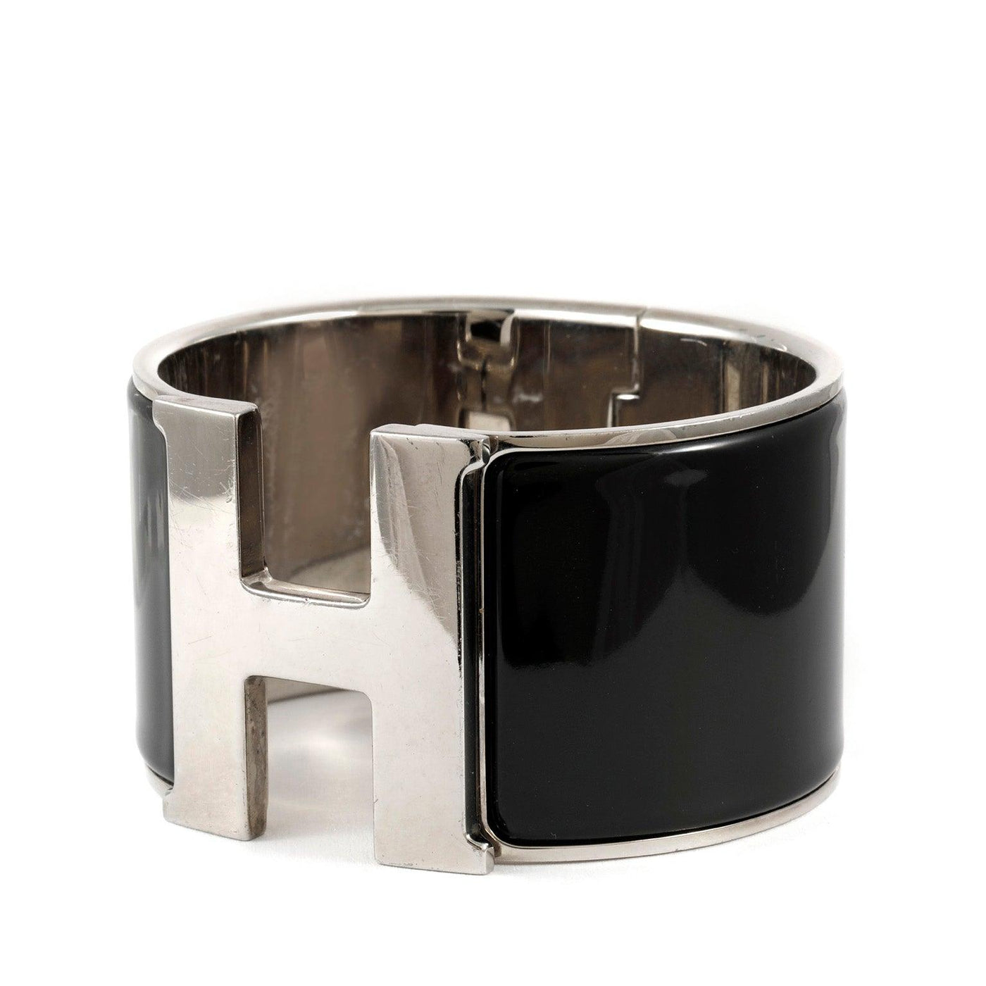 Hermès Black Enamel Extra Wide Clic Clac Cuff Bracelet with Palladium Hardware - Only Authentics