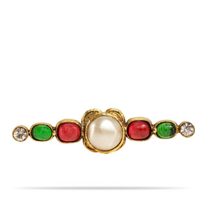 Chanel Red Green Gripoix and Pearl Vintage Bar Pin - Only Authentics