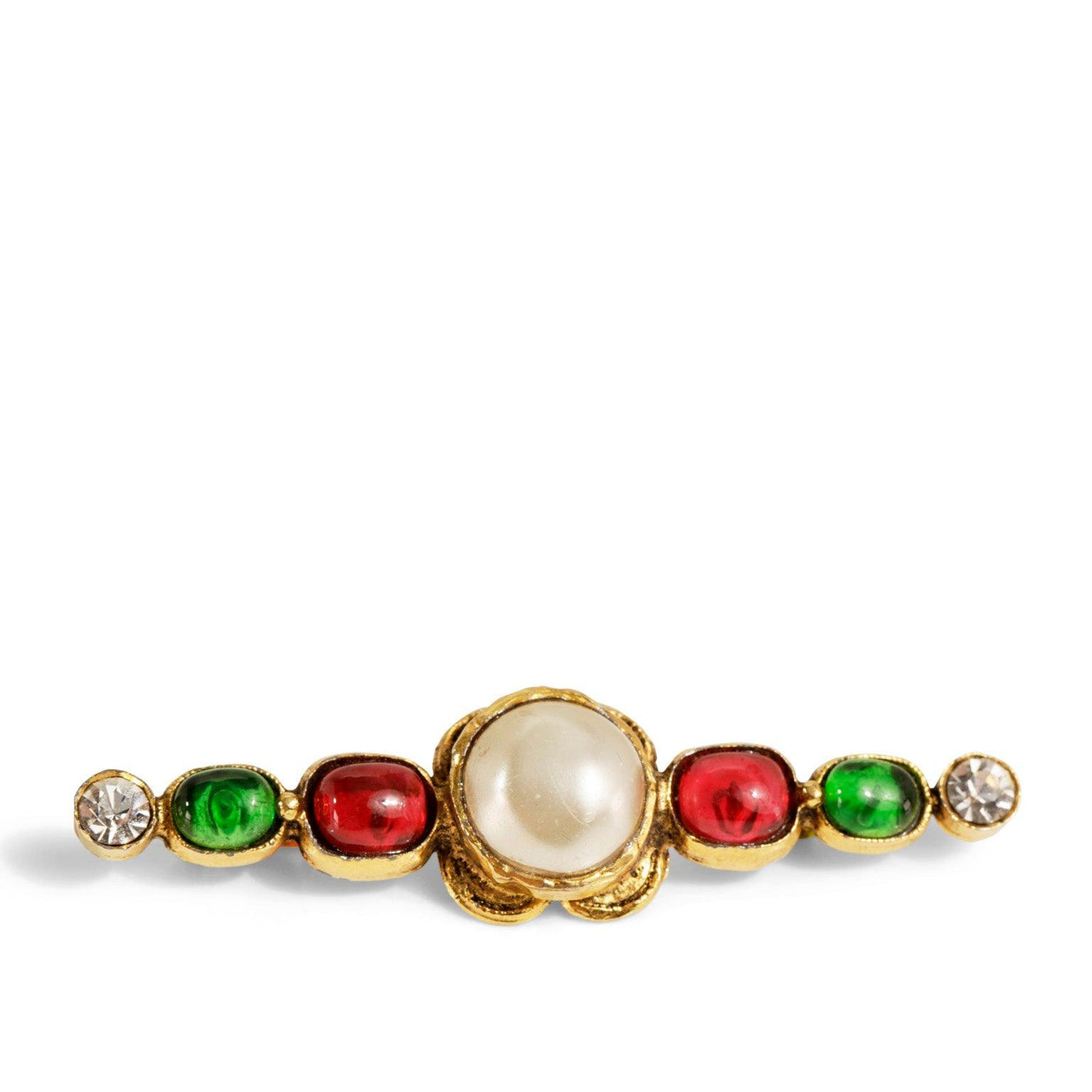 Chanel Red Green Gripoix and Pearl Vintage Bar Pin - Only Authentics
