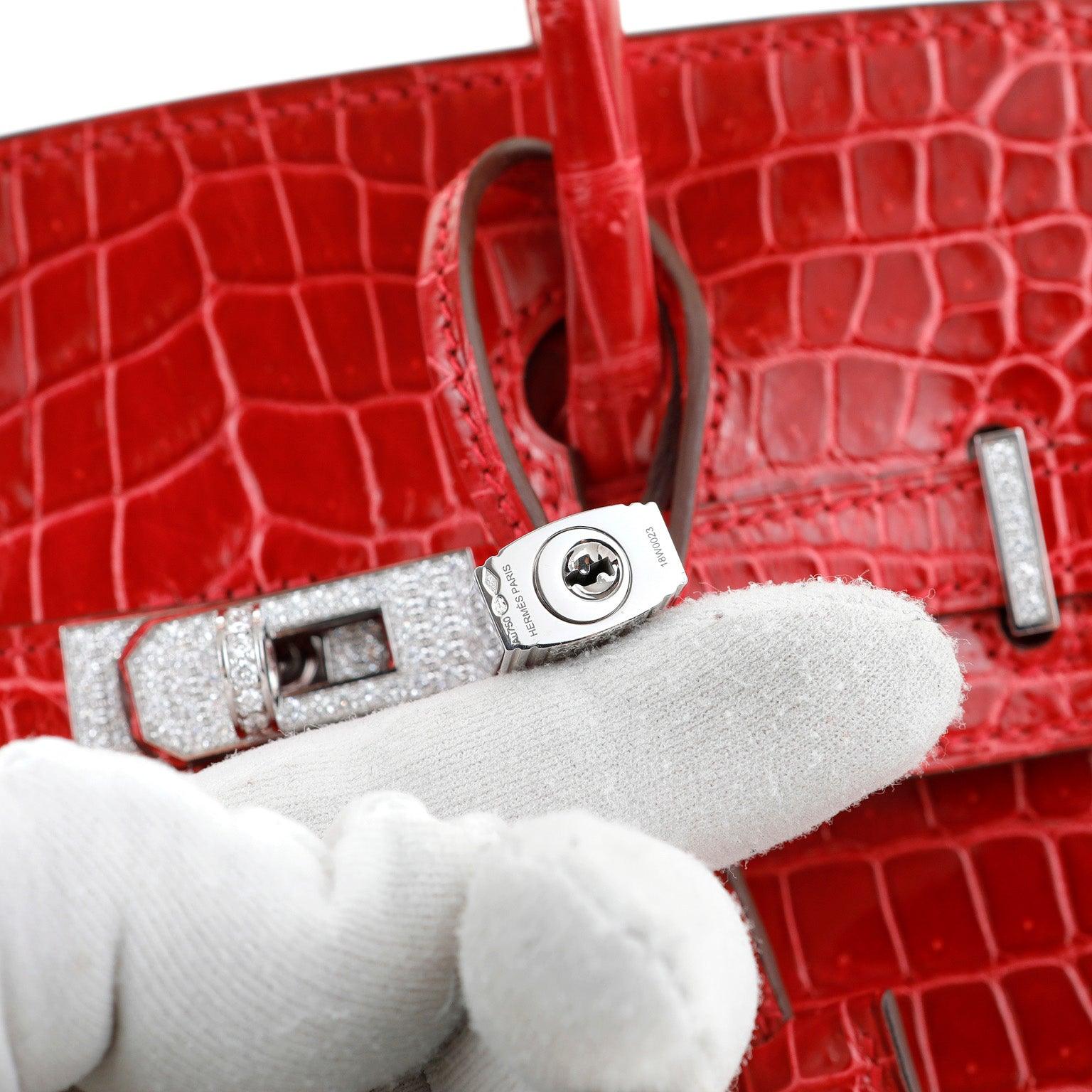 Hermès, Birkin, 25cm, Lipstick Red, Porosus Crocodile, diamond encrusted, luxury, handbag, compact size, timeless design, fashion, accessory, bold, glamorous
