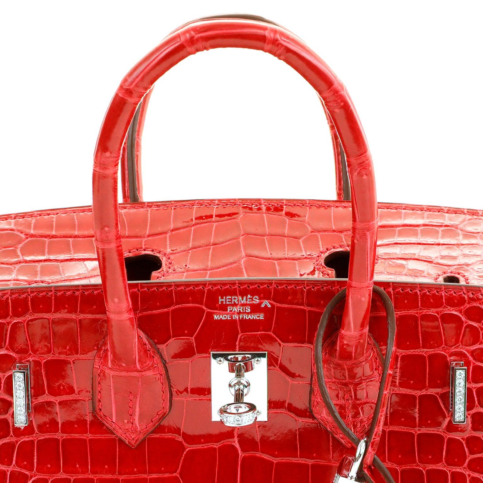 Hermès, Birkin, 25cm, Lipstick Red, Porosus Crocodile, diamond encrusted, luxury, handbag, compact size, timeless design, fashion, accessory, bold, glamorous
