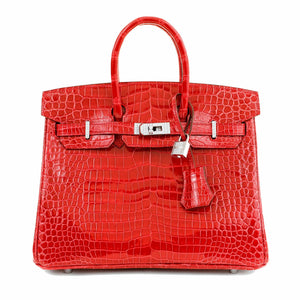 Hermès, Birkin, 25cm, Lipstick Red, Porosus Crocodile, diamond encrusted, luxury, handbag, compact size, timeless design, fashion, accessory, bold, glamorous