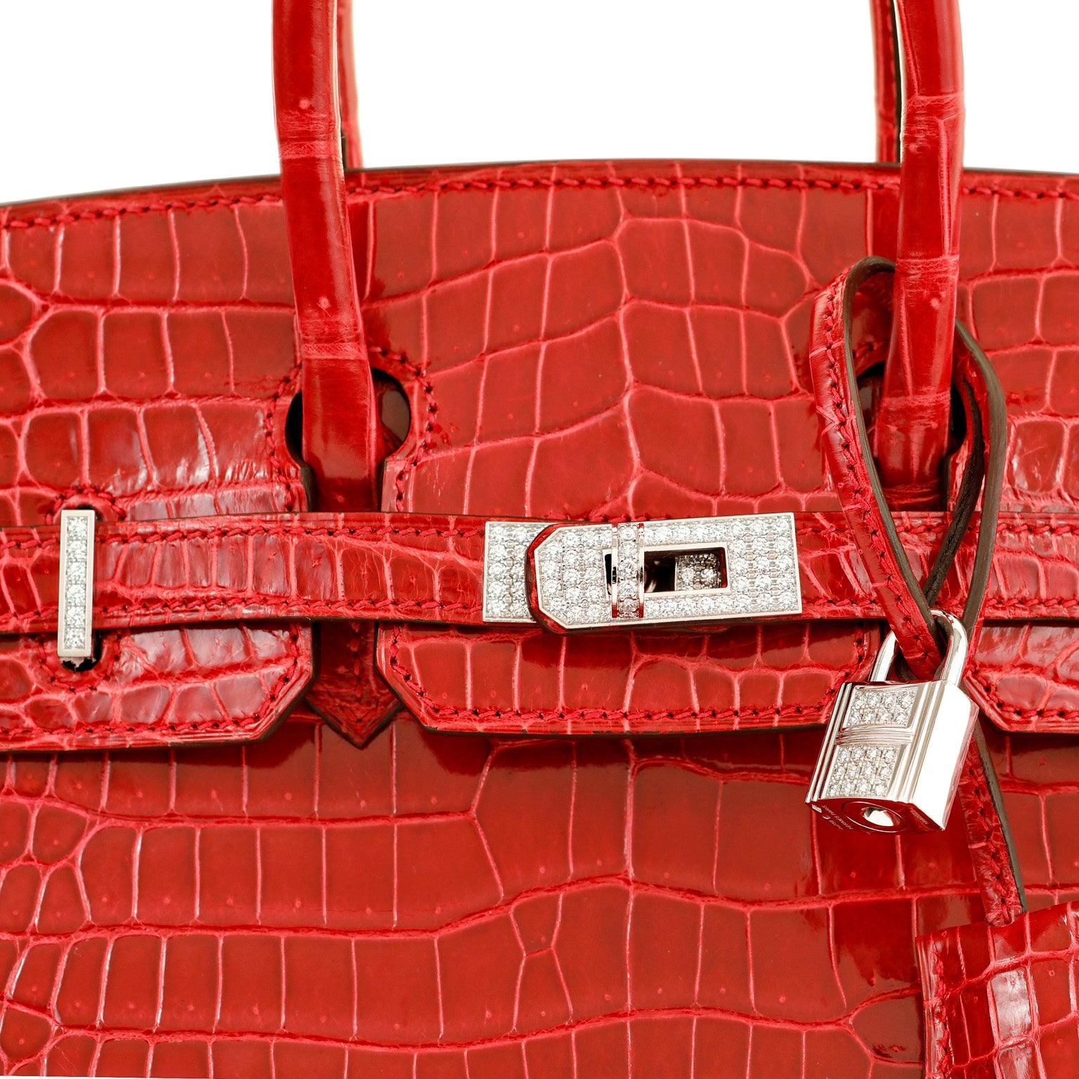 Hermès, Birkin, 25cm, Lipstick Red, Porosus Crocodile, diamond encrusted, luxury, handbag, compact size, timeless design, fashion, accessory, bold, glamorous