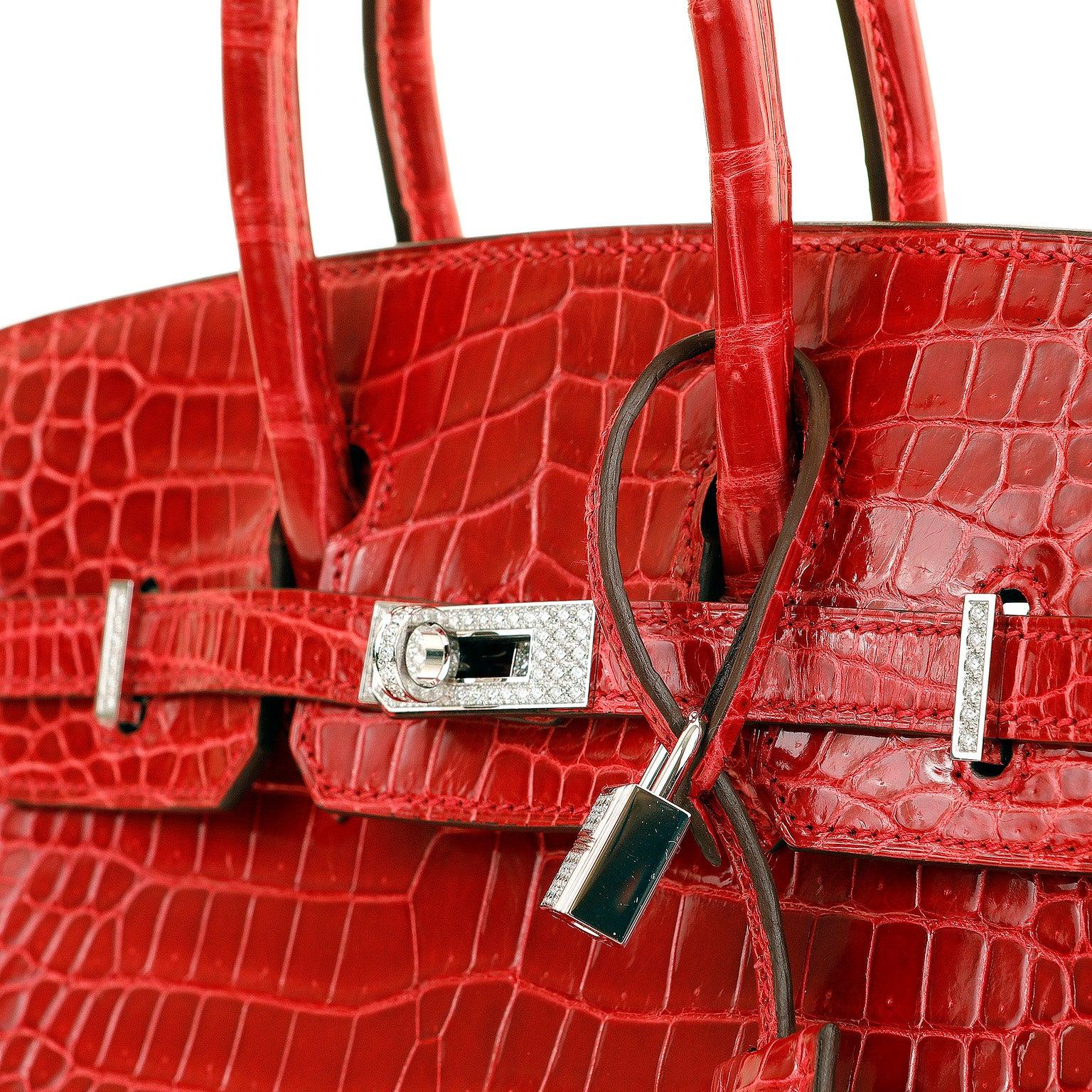 Hermès, Birkin, 25cm, Lipstick Red, Porosus Crocodile, diamond encrusted, luxury, handbag, compact size, timeless design, fashion, accessory, bold, glamorous