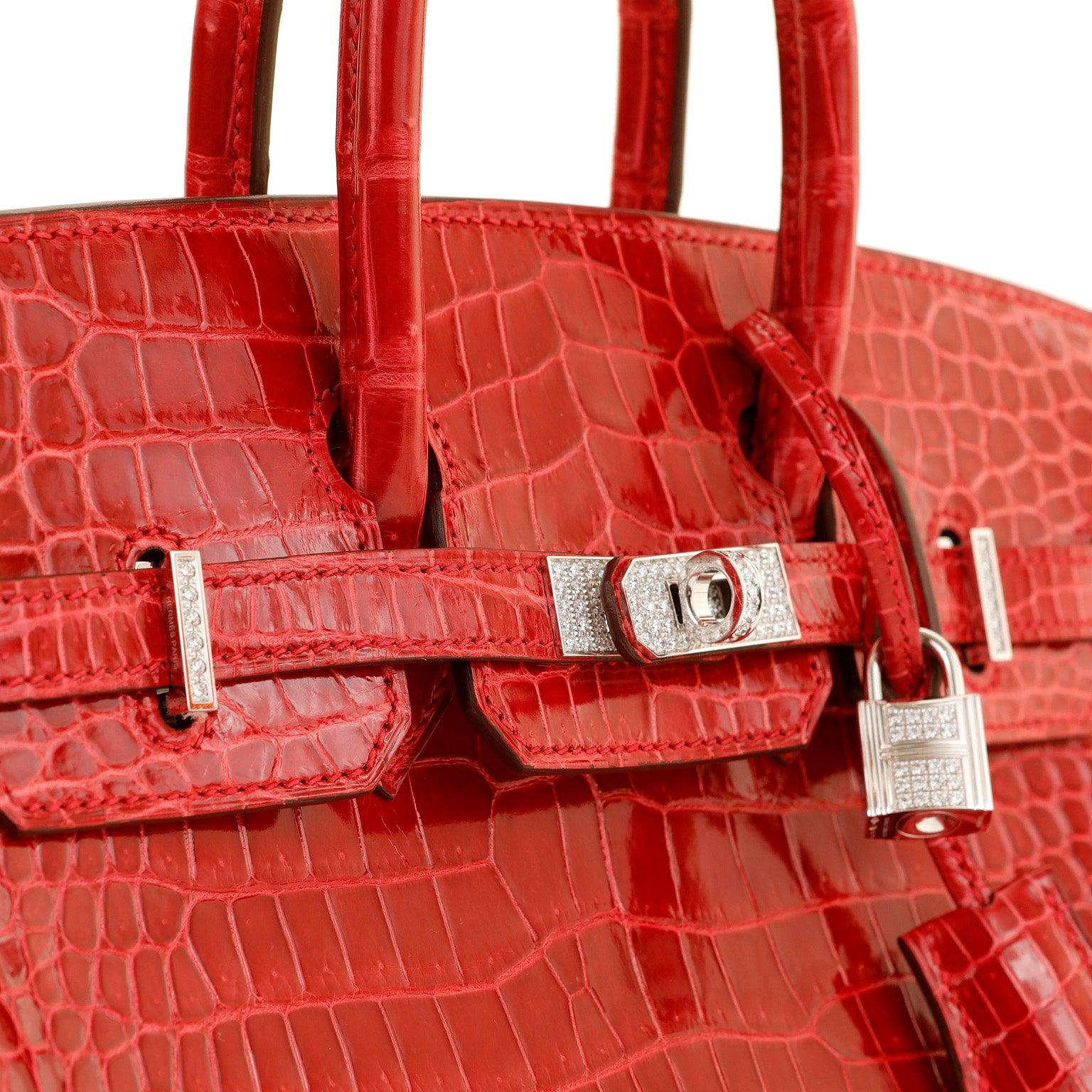 Hermès, Birkin, 25cm, Lipstick Red, Porosus Crocodile, diamond encrusted, luxury, handbag, compact size, timeless design, fashion, accessory, bold, glamorous
