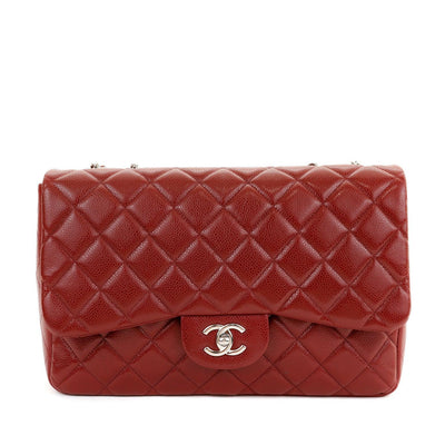 Chanel Dark Red Caviar Jumbo Classic with Silver Hardware - Only Authentics