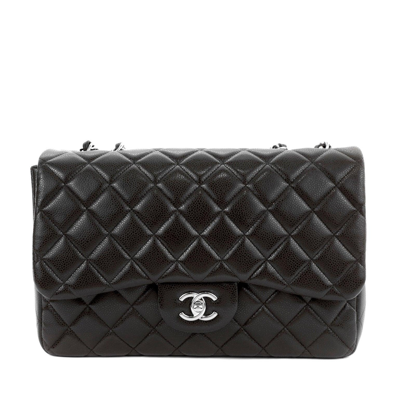 Chanel Chocolate Brown Caviar Leather Jumbo Classic  Silver Hardware - Only Authentics