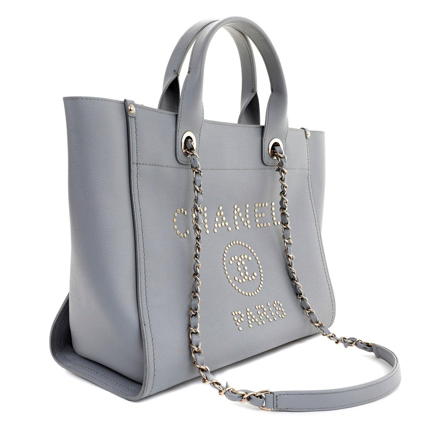 Chanel Grey Caviar Deauville Silver Studded Tote - Only Authentics