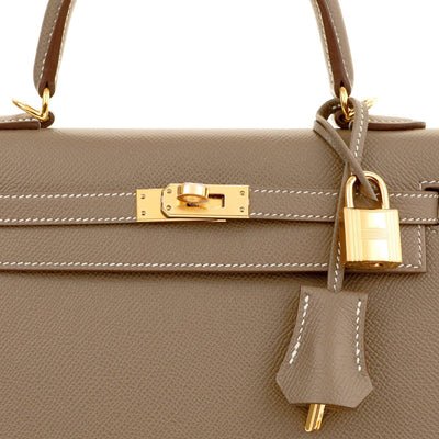 Hermès 25cm Etain Madame Sellier Kelly with  White Stitching & Gold Hardware - Only Authentics