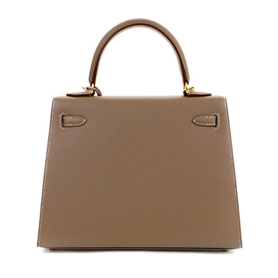 Hermès 25cm Etain Madame Sellier Kelly with  White Stitching & Gold Hardware - Only Authentics