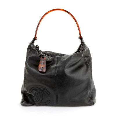 Chanel Vintage Black Lambskin CC Tortoise Handle Hobo - Only Authentics