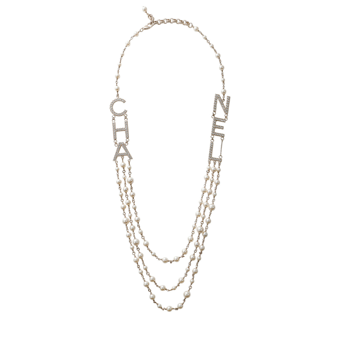 Chanel Crystal & Pearl 3 Layer Chain Silver Necklace