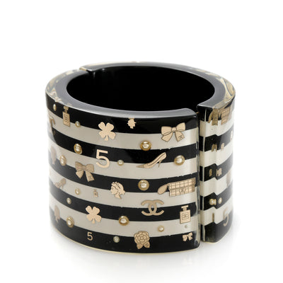 Chanel Black and White Striped Lucite Icons Cuff with Pearls and Silver Hardware