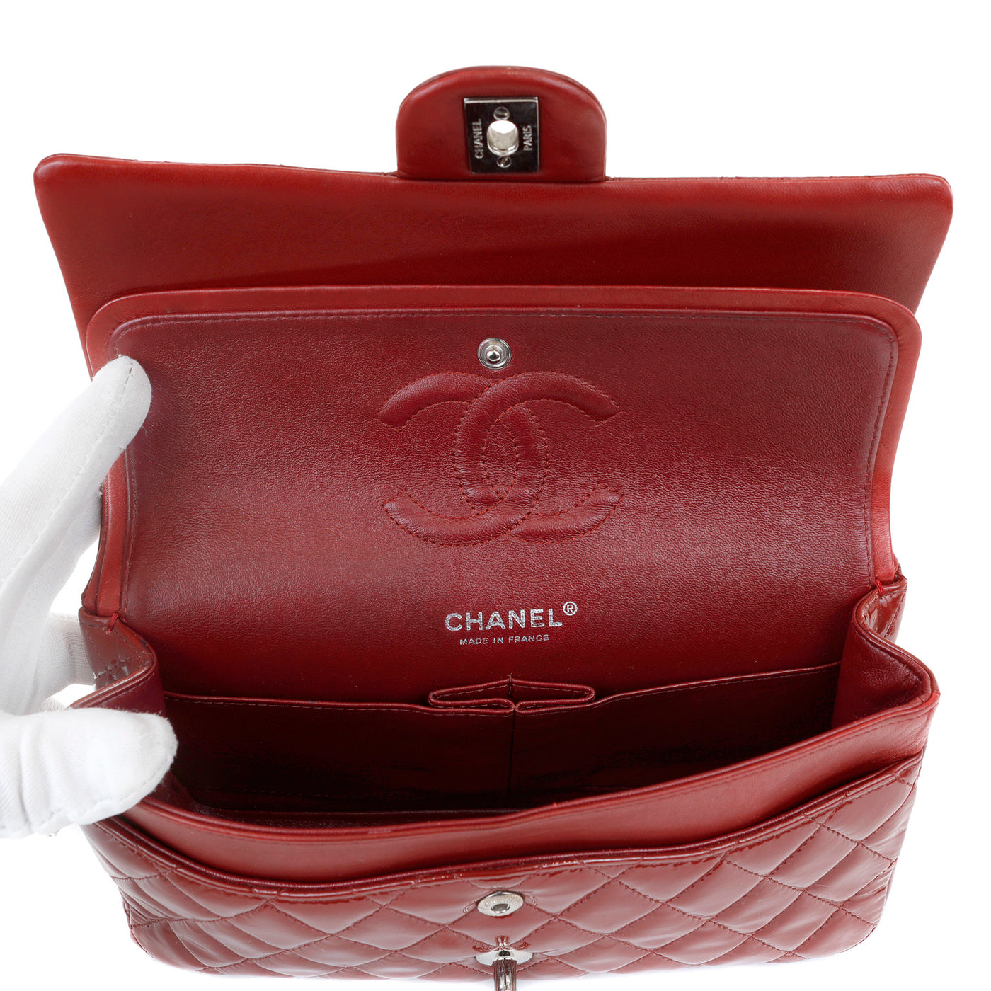 Chanel Dark Red Patent Leather Medium Classic with Silver Hardware