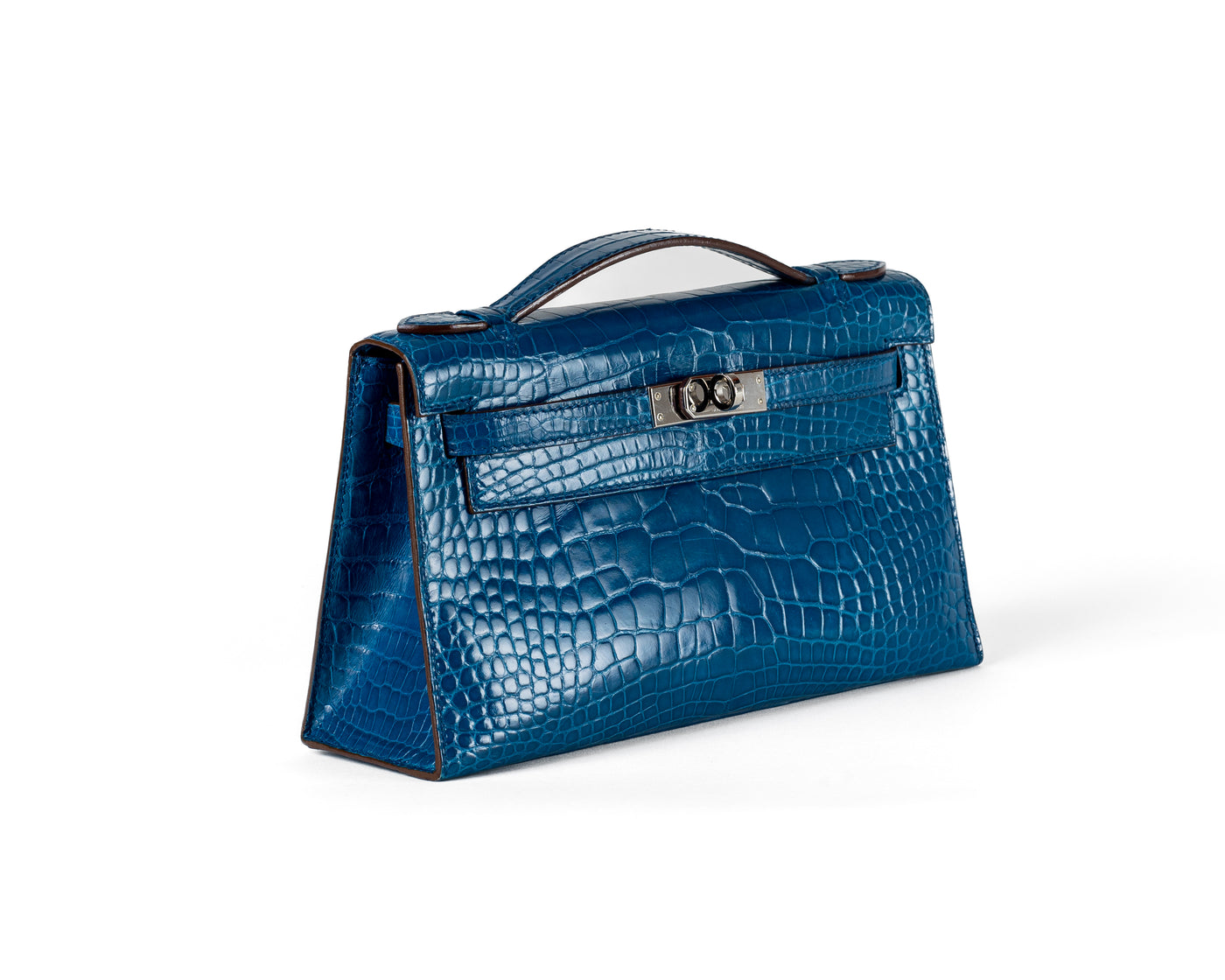 Indulge in ultimate luxury with the Hermès Blue Porosus Croc Kelly Pouchette, finished with sleek palladium hardware