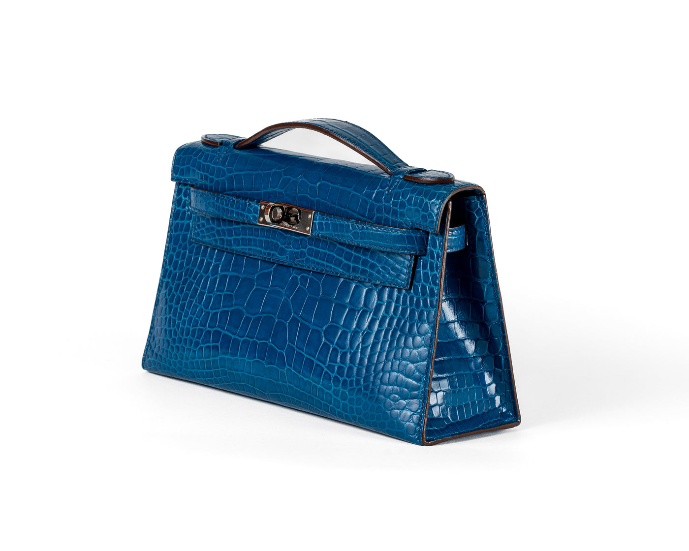 Indulge in ultimate luxury with the Hermès Blue Porosus Croc Kelly Pouchette, finished with sleek palladium hardware