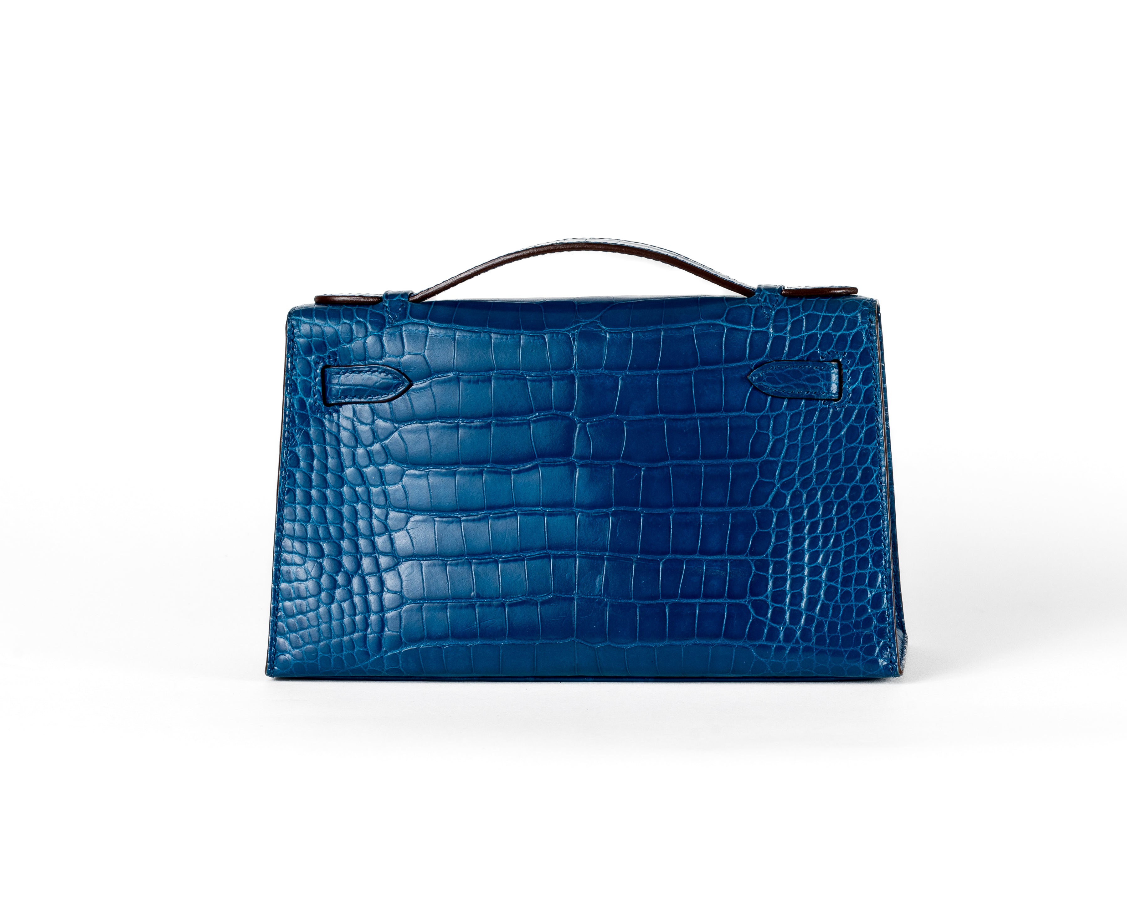 Hermes Blue Izmir Porosus Croc Kelly Pochette w/ Palladium Hardware