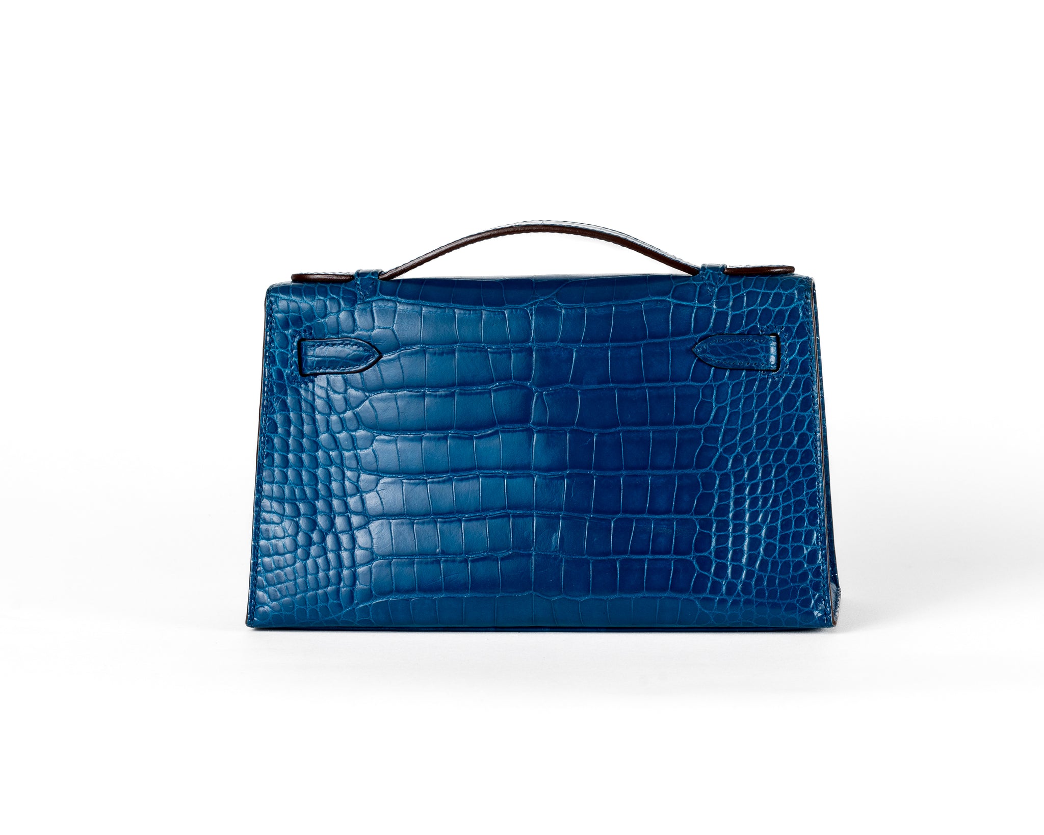 Hermes Blue Izmir Porosus Croc Kelly Pochette w/ Palladium Hardware