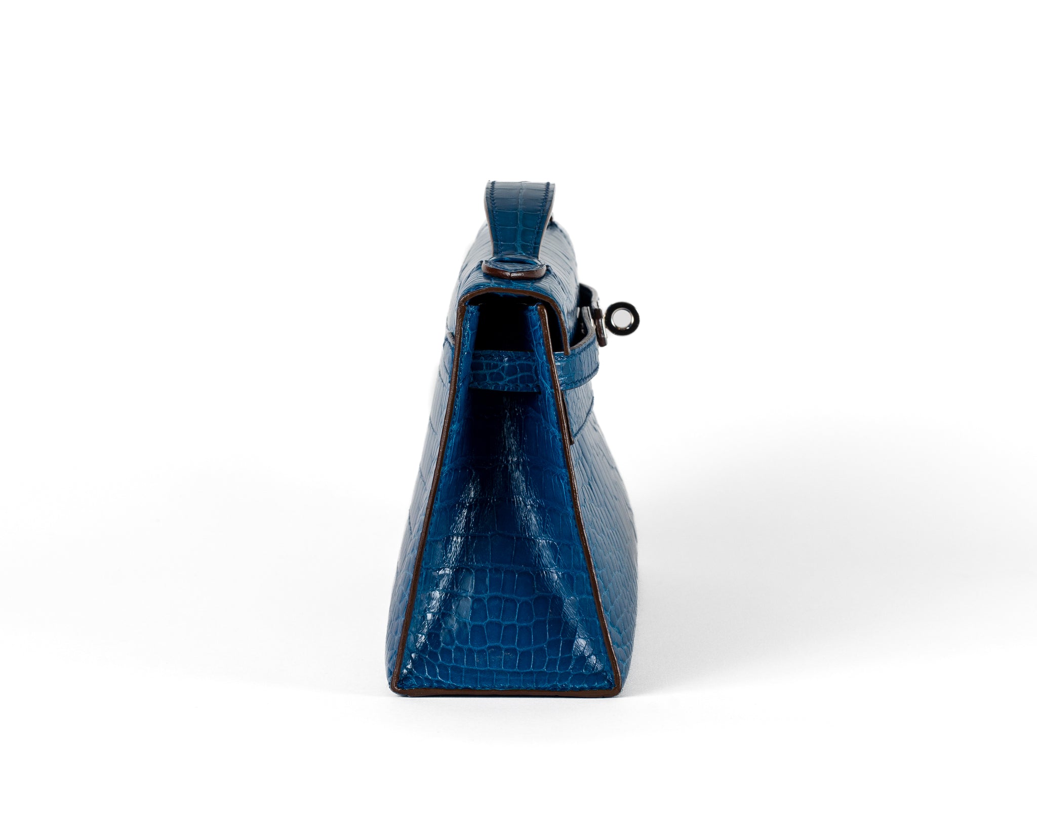 Hermes Blue Izmir Porosus Croc Kelly Pochette w/ Palladium Hardware