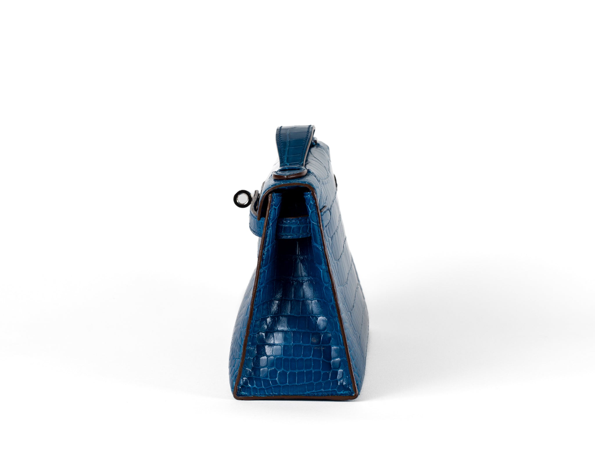 Hermes Blue Izmir Porosus Croc Kelly Pochette w/ Palladium Hardware