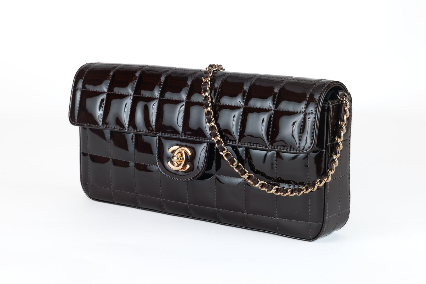 Chanel Brown Patent Leather  Chocolate Bar East West Flap Bag with Gold Hardware