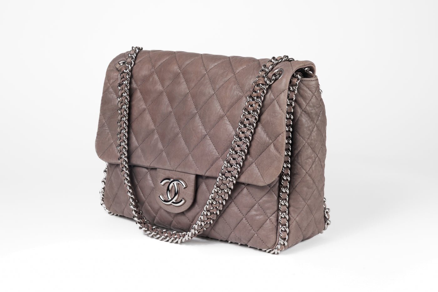 Chanel Taupe Gray Washed Lambskin Chain Around Luxe Flap Bag with Silver Hardware