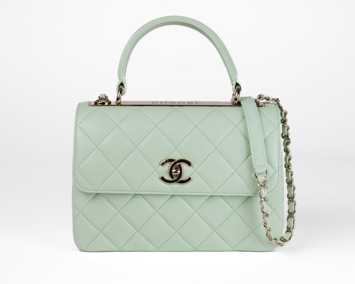 Check out this authentic Seafoam Green Lambskin Coco Handle Flap Bag