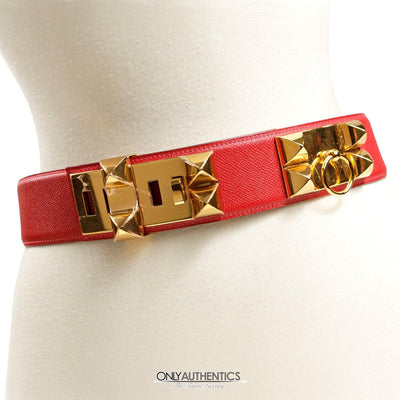 Hermès Red Epsom Leather Medor Belt size 80 - Only Authentics