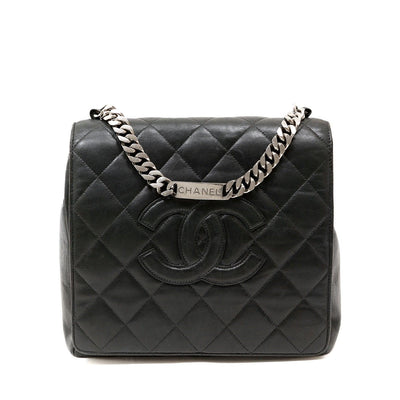 Chanel Navy Blue Top Handle Flap Quilted Bag w/ Silver Bracelet Handle - Only Authentics