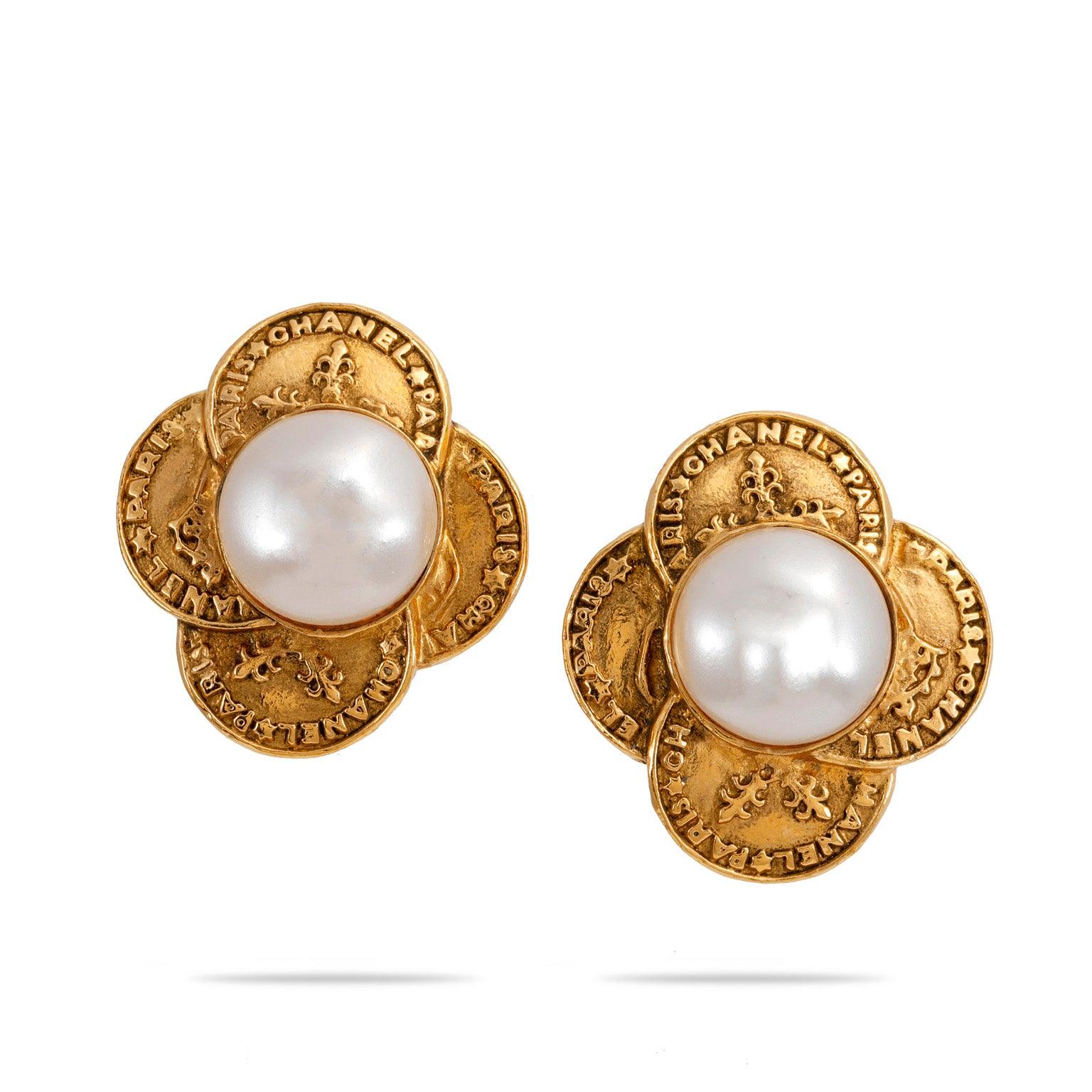 Chanel Gold Clover with Pearl Vintage Earrings - Only Authentics