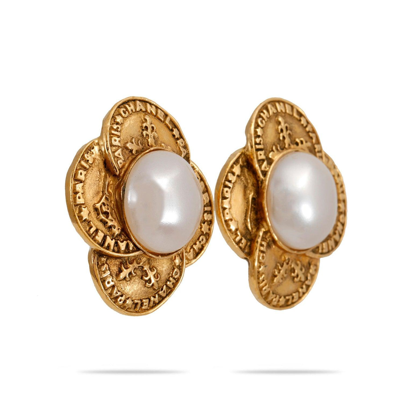 Chanel Gold Clover with Pearl Vintage Earrings - Only Authentics