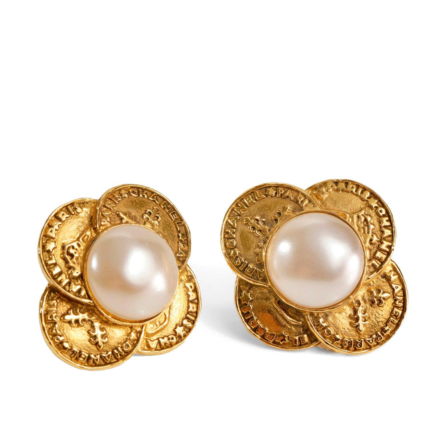 Chanel Gold Clover with Pearl Vintage Earrings - Only Authentics