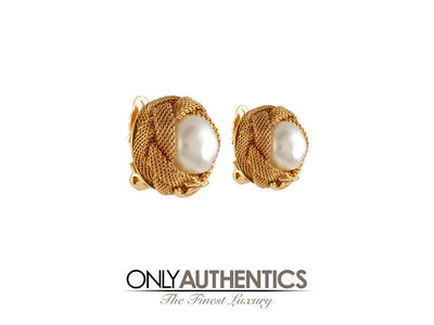 Chanel Pearl and Gold Mesh Earrings - Only Authentics