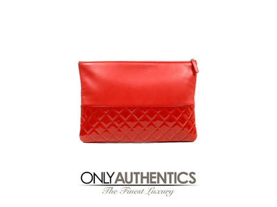Chanel Red Lambskin and Patent Leather Clutch - Only Authentics