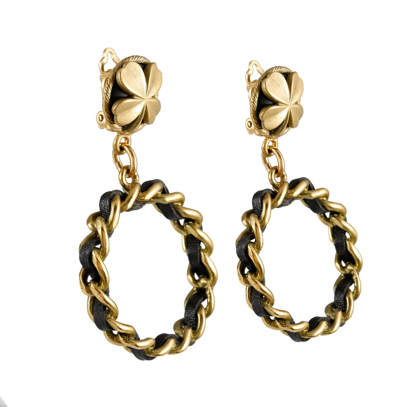 Chanel Black Leather and Gold Chain Dangling Hoop Earrings - Only Authentics