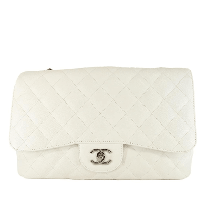 Chanel White Caviar Jumbo Classic Single Flap Bag - Only Authentics