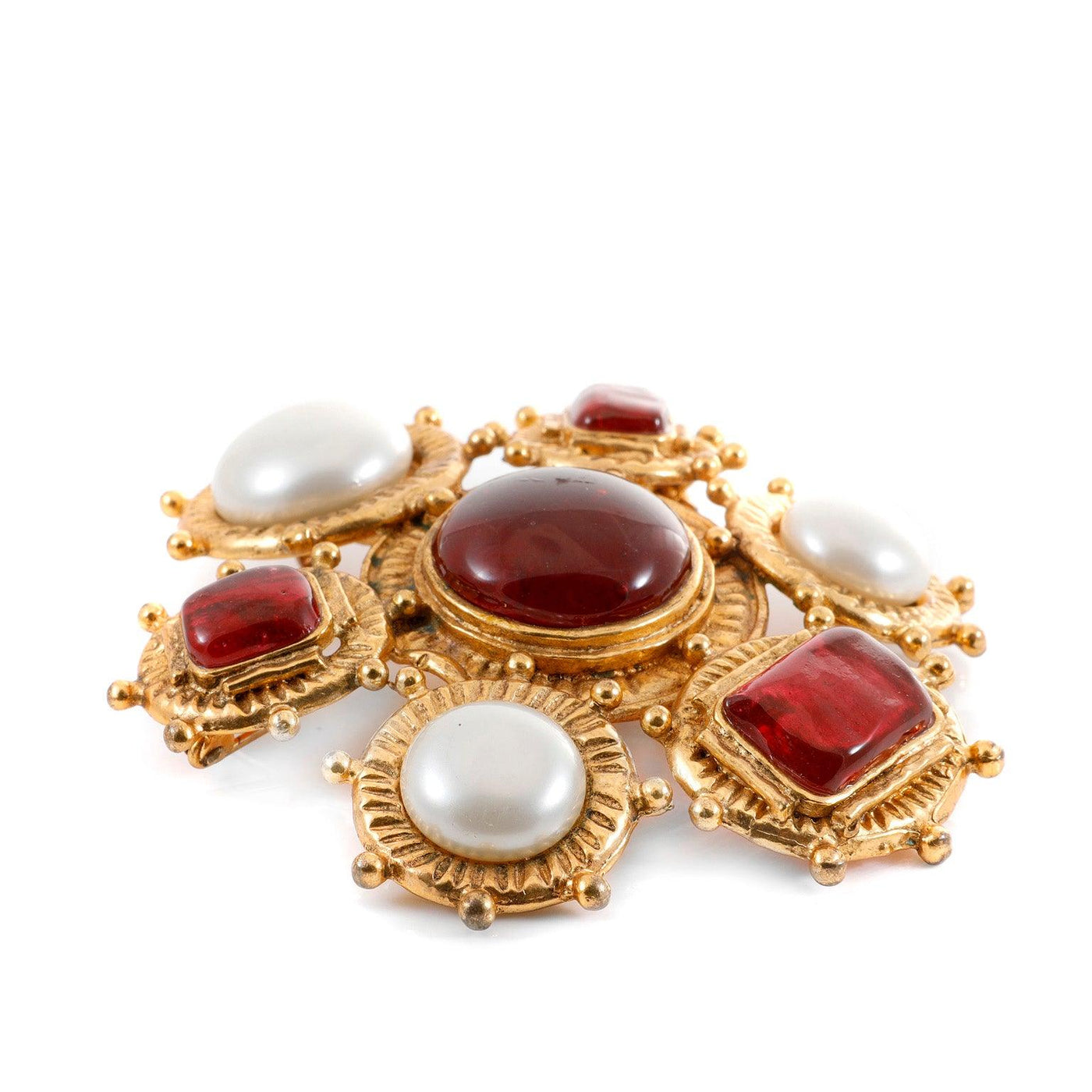 Chanel Red Gripoix and Pearl Medallion Brooch Necklace - Only Authentics
