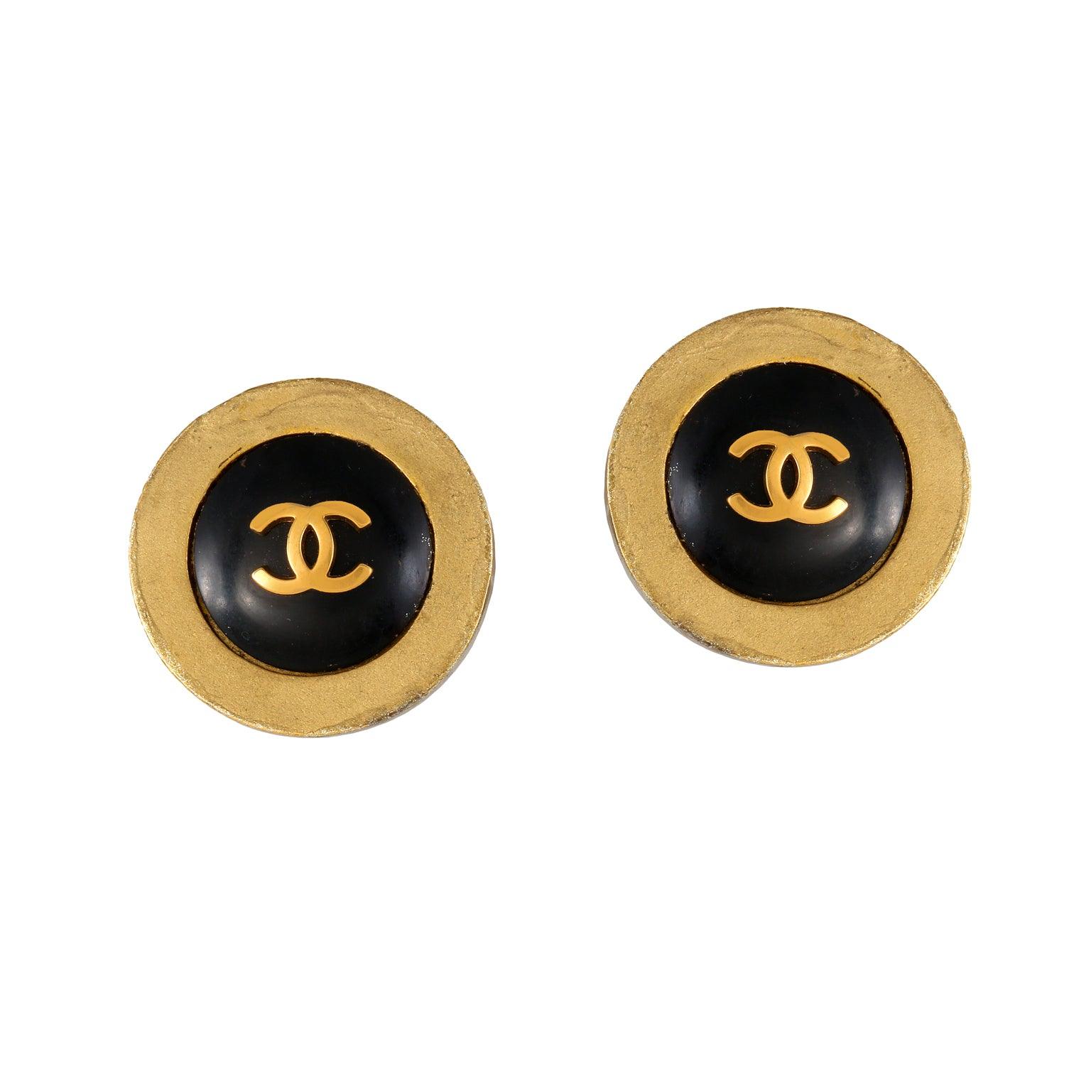 Chanel Black CC Button Earrings with Gold Surround - Only Authentics
