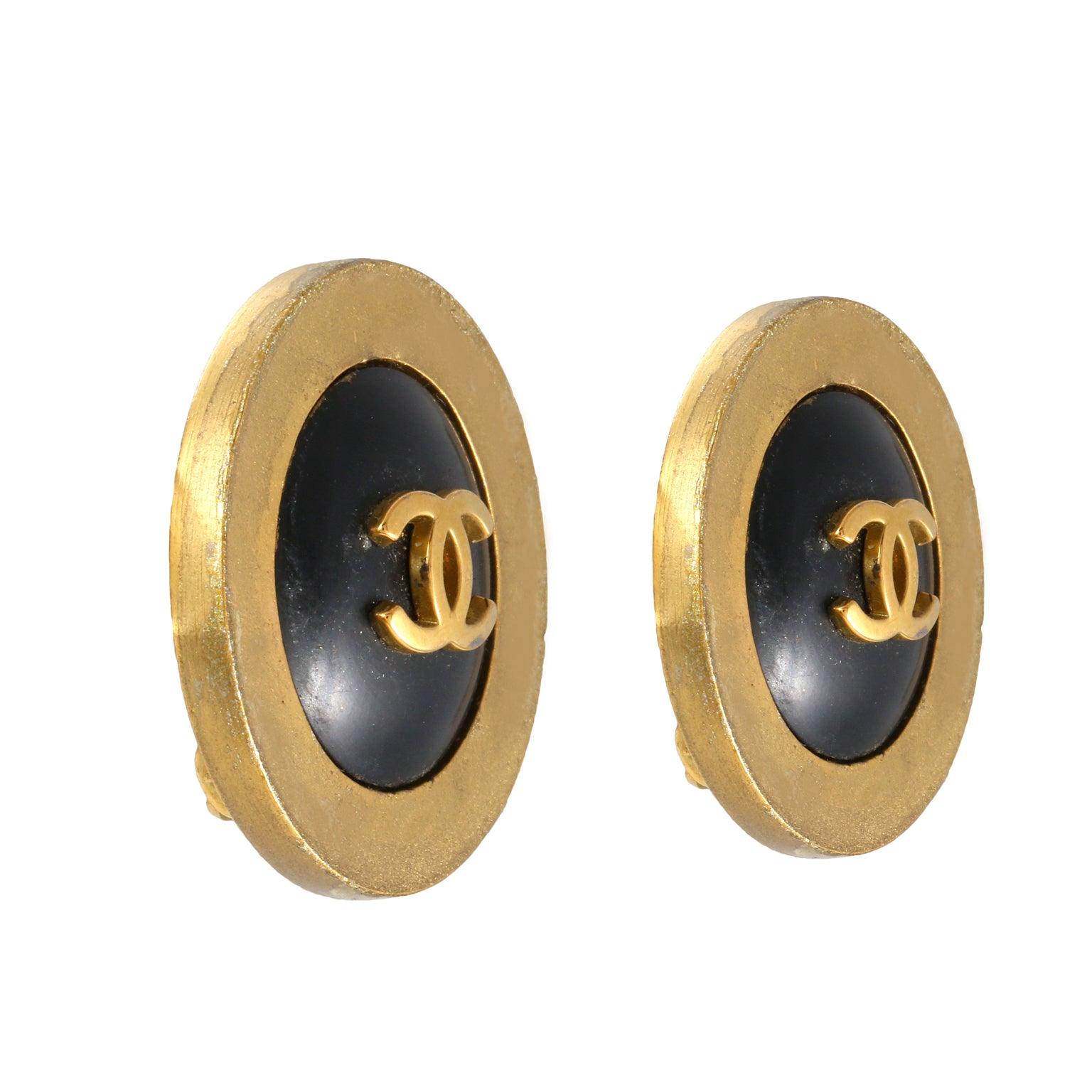 Chanel Black CC Button Earrings with Gold Surround - Only Authentics