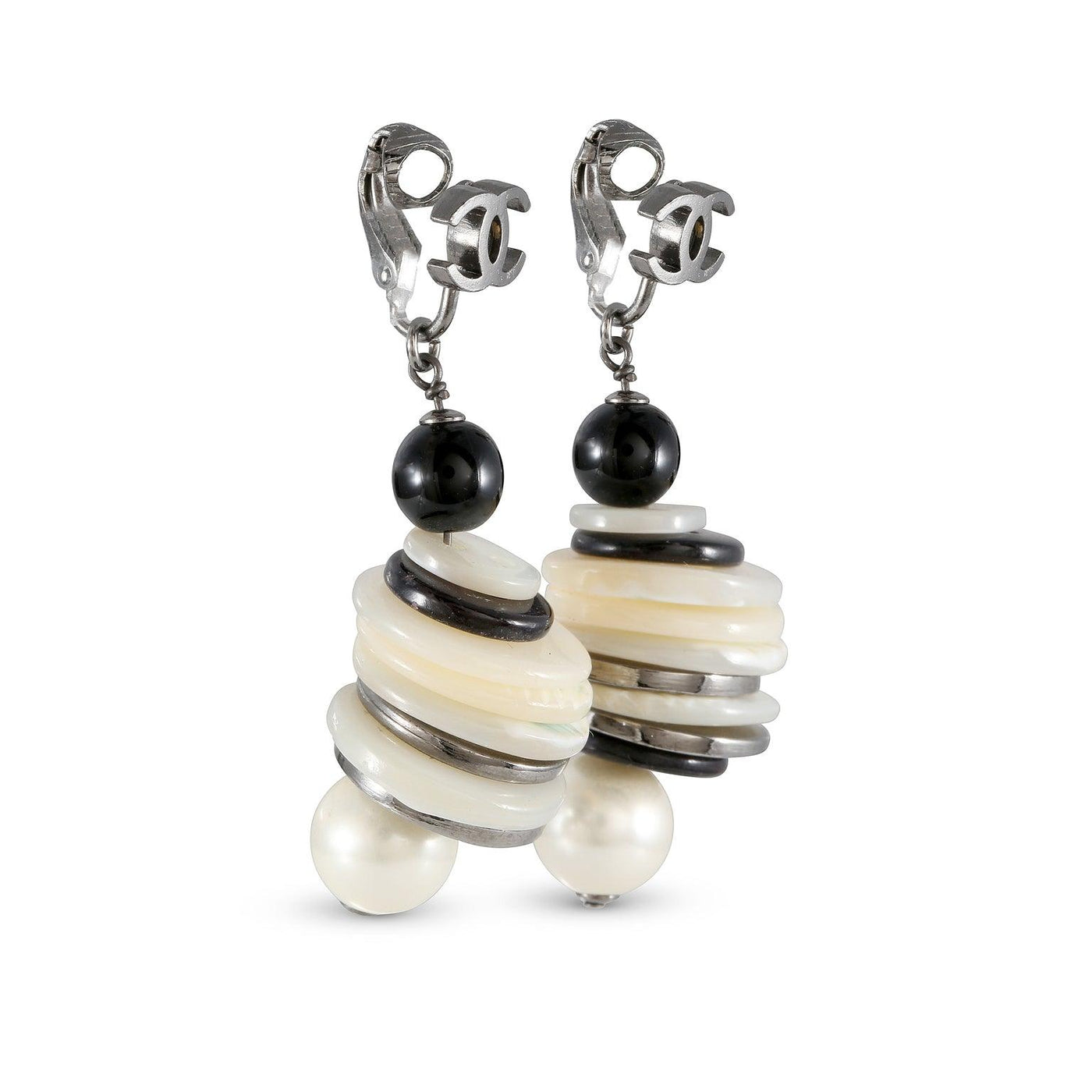 Chanel Black and White Layered Button Earrings - Only Authentics