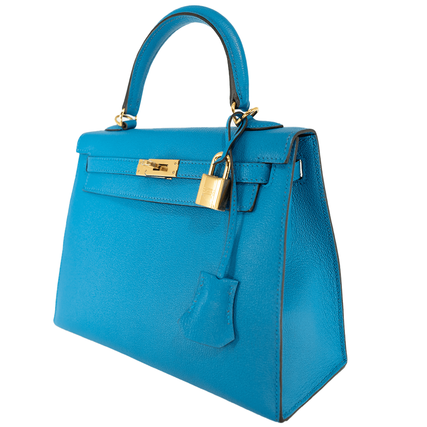 Hermès 25cm Turquoise Blue Chevre Kelly with Gold Hardware - Only Authentics