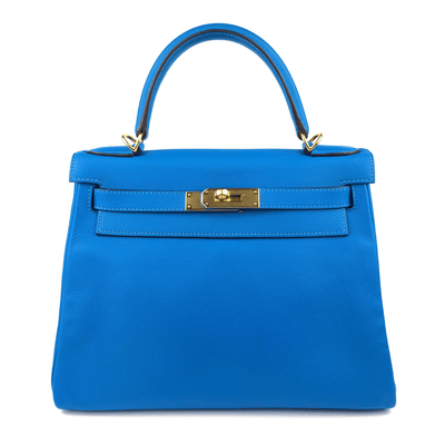 Hermès 28cm Intense Blue Evercolor Kelly with Gold Hardware - Only Authentics