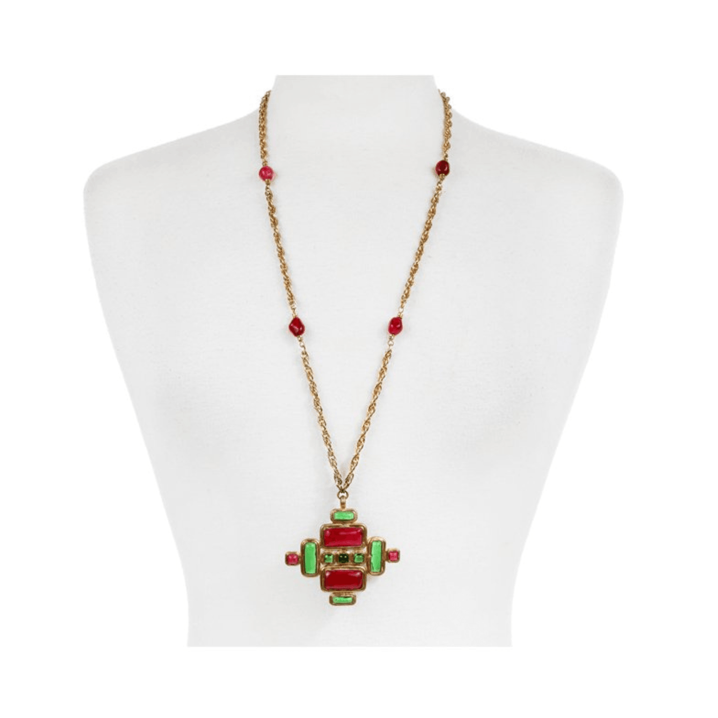 Chanel Red and Green Gripoix Cross Necklace - Only Authentics