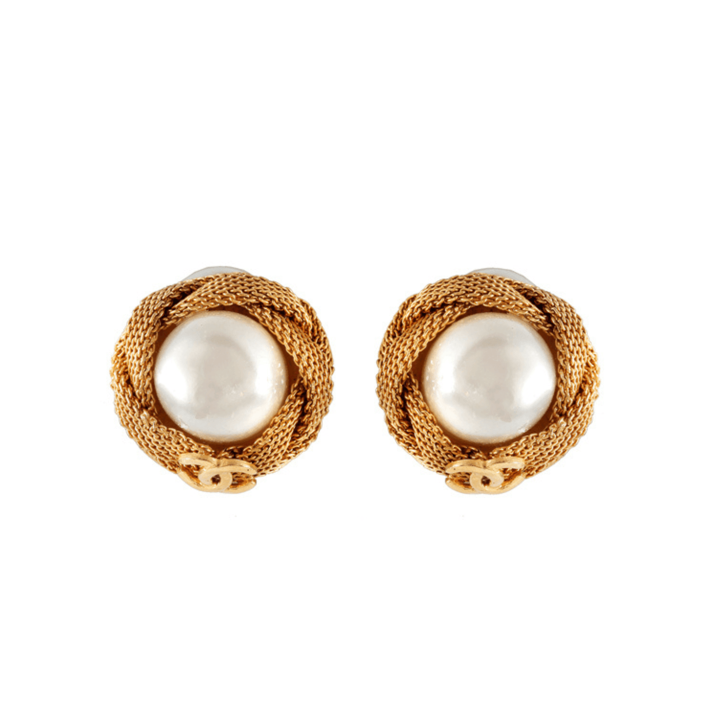 Chanel Pearl and Gold Mesh Earrings - Only Authentics