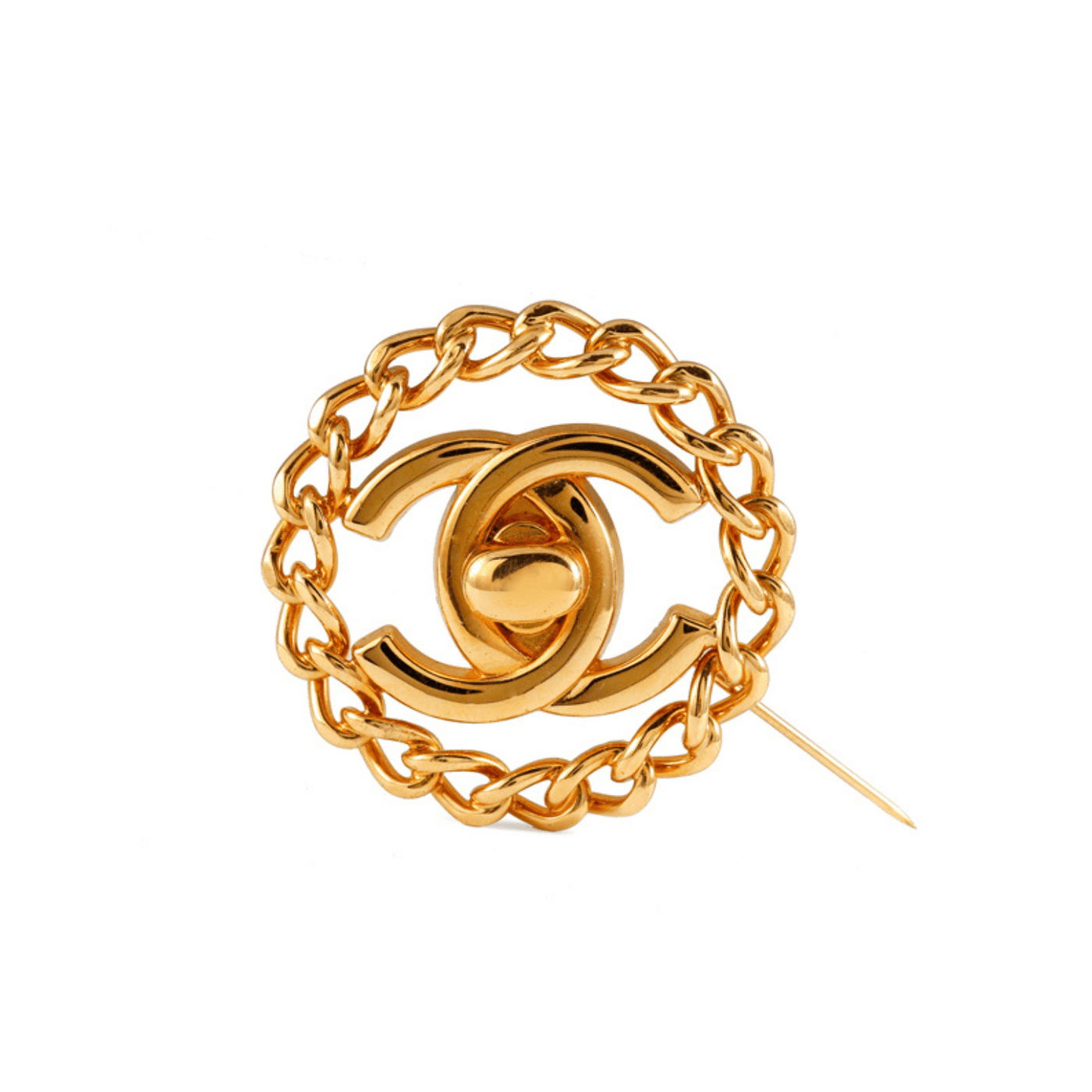 Chanel Gold CC Kiss Lock Clasp Pin with Chain Surrounding - Only Authentics