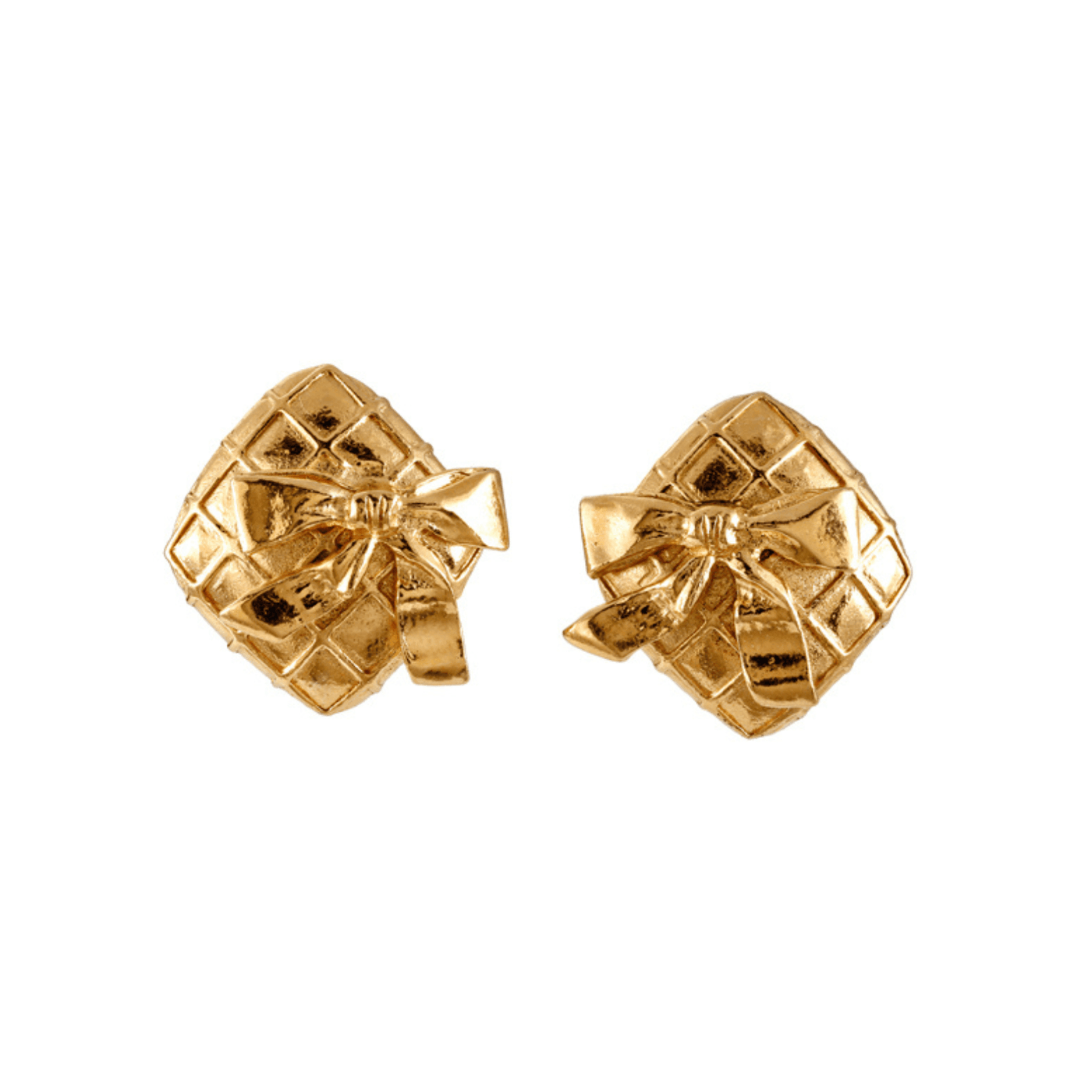 Chanel Gold Quilted Square Bow Earrings - Only Authentics