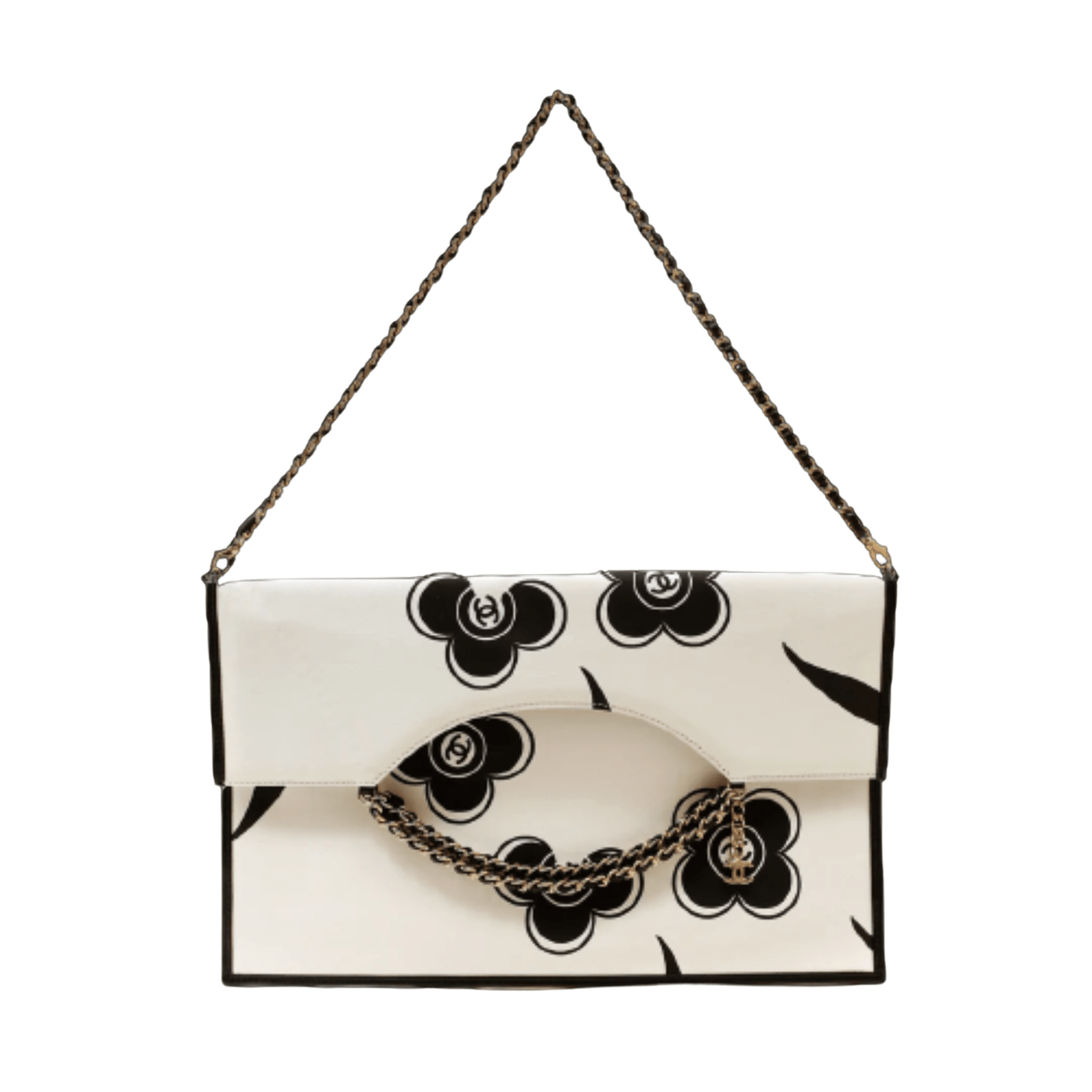 Chanel Ivory and Black Camellia Envelope Clutch with Strap – Only