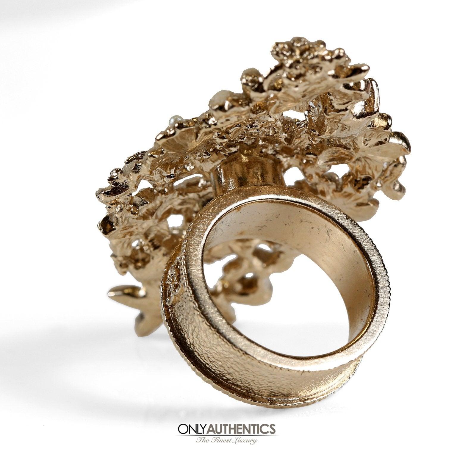 Chanel Gold Camellia Flower and Pearl Ring size 6 - Only Authentics